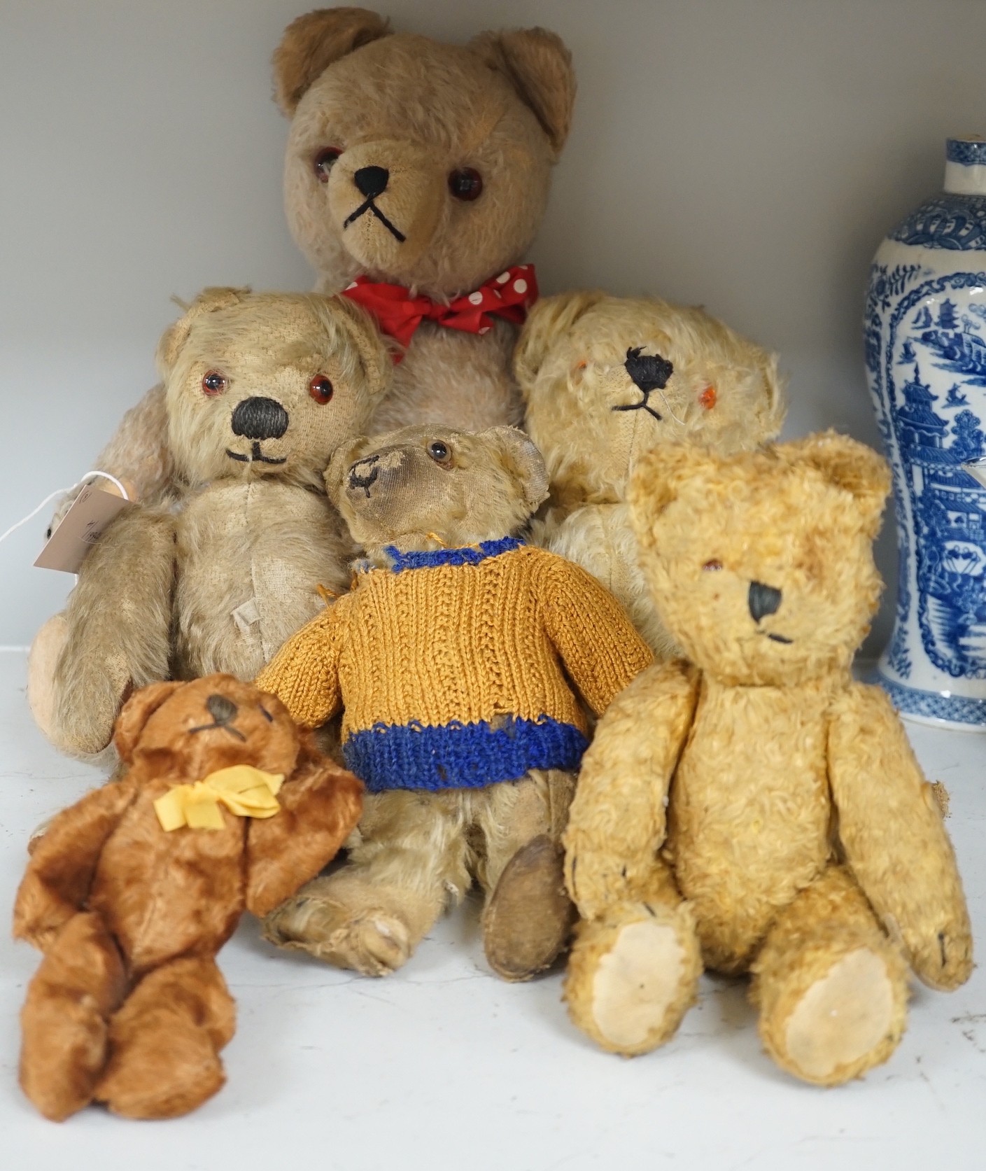 Six various Teddy bears, three early English, another by Chad Valley